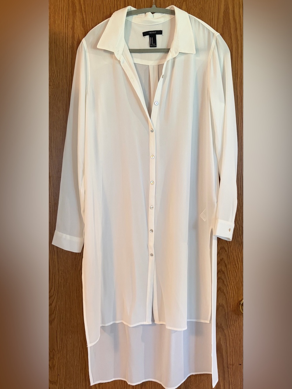 Forever 21 Cream Sheer Longline Button-Down Shirt